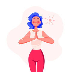 Young lady cartoon character meditating stand and keep hand together, eyes closed isolated on white background. Mental health, inner harmony, tranquility, calm. Vector flat illustration.