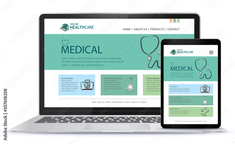 Poster healthcare and medical user interface design for web site and mobile app. laptop and tablet computer