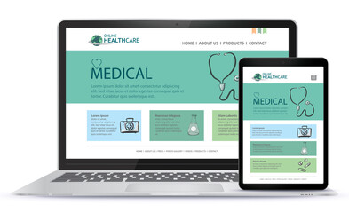 Healthcare and Medical User Interface Design for Web Site and Mobile App. Laptop and Tablet Computer Vector Illustration.