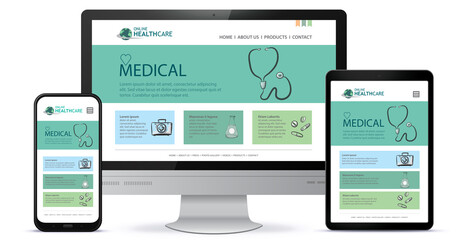 Healthcare and Medical User Interface Design for Web Site and Mobile App. Desktop Computer Monitor, Tablet PC and Mobile Phone Vector Illustration.