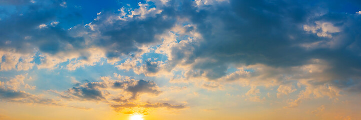 Gorgeous panorama scenic of sunrise and sunset with silver lining and cloud in the morning and evening. Panoramic landscape image.