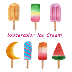 Hand drawn watercolor collection of different types of ice cream on sticks. Frozen juice and fruit ice cream. Illustration for greeting card, invitation, poster.	
