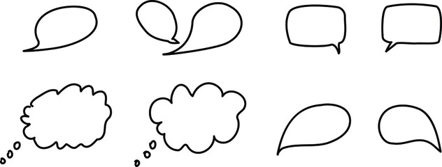Pen sketch of different thought and speech bubbles.