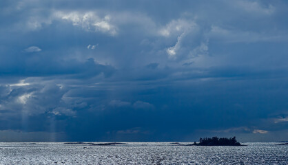 Storm clouds over islands in the Georgian Bay archipelago in Ontario, Canada