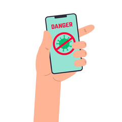 Human hand with smartphone. Coronavirus danger. Virus threat alert on smartphone screen. Covid-19.