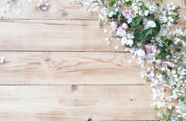 White flowers on a wooden background. Flowers are scattered on a wooden table. View from above
