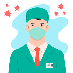 Fototapeta na wymiar Illustration of doctor with antivirus protection, medical masks and protective glasses. Coronavirus danger. Design element for poster, label, sign, emblem, infographic.