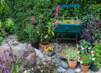 Little shabby chic decoration corner on the patio are of the garden with recycled wooden drawer and...