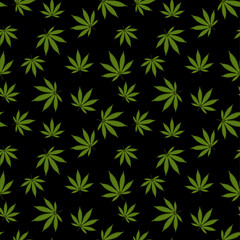 Cannabis seamless pattern. Marijuana leaf, green weed plant. Hashish texture, isolated black background. Hemp psychedelic grass. Fabric print for medical wallpaper. Simple design Vector illustration