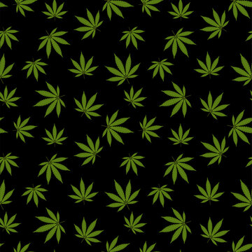 Cannabis seamless pattern. Marijuana leaf, green weed plant. Hashish texture, isolated black background. Hemp psychedelic grass. Fabric print for medical wallpaper. Simple design Vector illustration