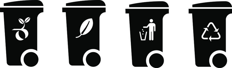 Trash/rubbish wheelie bin icons with labels: green waste, compost, general waste, recyclable waste. - obrazy, fototapety, plakaty
