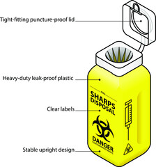 Features of a syringe / sharps disposal bin / container with labels.