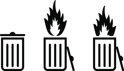 Trash/rubbish can/bin icons with fire. Dumpster fire concept.