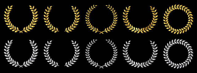 Laurel wreath of victory icon. Set gold and silver laurel foliate, wheat and oak wreaths depicting an award, achievement, heraldry, nobility. Emblem floral greek branch flat style