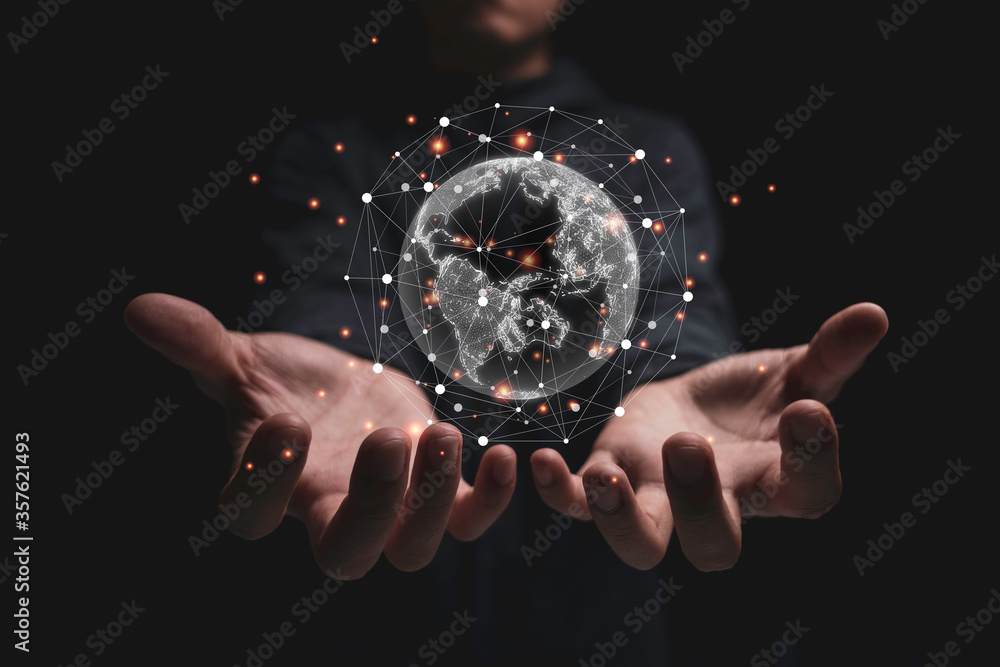 Aufkleber hand holding virtual world with connection network. global data information and technology exchange.