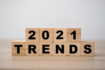 2021 trends print screen on wooden block cubes. New idea business fashion popular and relevant topics.