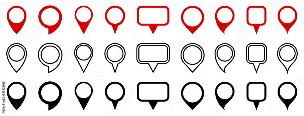 Poster Set red, lines and black pin map marker pointer icon, GPS location flat symbol – stock vector