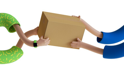 3d render, courier delivery service. Cartoon hands of two persons hold brown cardboard box, parcel, blank package mockup with copy space. Body parts isolated on white background