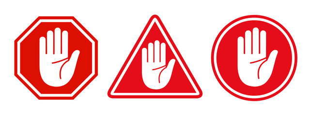 Set stop red sign icon with white hand - stock vector - obrazy, fototapety, plakaty