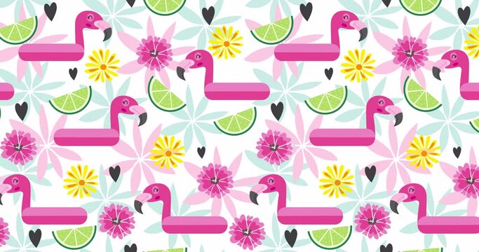 Beautiful seamless vector floral exotic pattern with tropical flowers, pink flamingos. Hawaiian background. Loop animation 4K