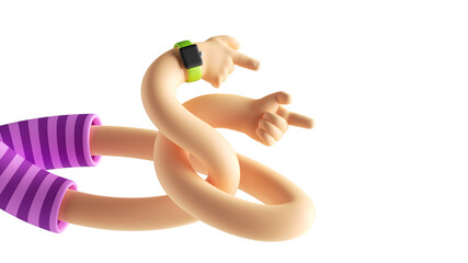 3d render abstract cartoon character flexible boneless hands, pointing finger direction gesture, relationship concept, funny tangled body parts isolated on white background. Surrealistic clip art