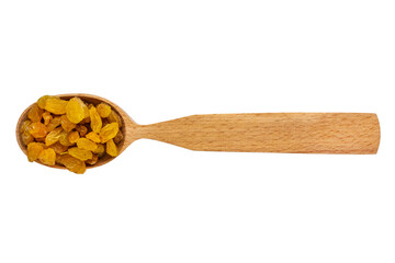 Yellow raisins in a wooden spoon on a white background