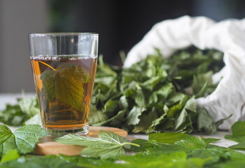 The season of collecting young leaves of blackcurrant for drying and use as tea. Leaves of fresh currant, a glass of loose tea on a white wooden table.