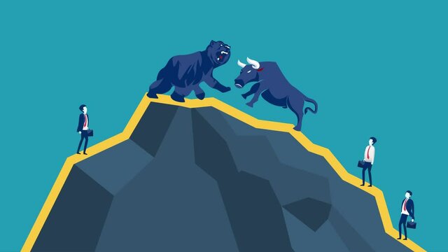 Business people looking at bull and bear fighting