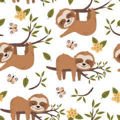 seamless pattern with sloth and butterfly on white background - vector illustration, eps © Hanna
