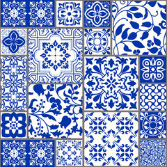 Seamless patchwork tile with Victorian motives. Majolica pottery tile, colored azulejo, original traditional Portuguese and Spain decor. Vector illustration for print wallpaper, fabric, paper, tile - 357623647