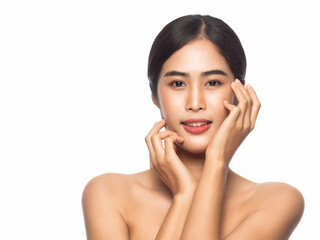Fototapeta na wymiar Beautiful Young Asian woman clean fresh skin with hands touching face isolated on white background. Facial treatment, Cosmetology, Beauty and skin care concept.