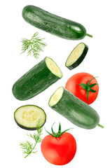 Flowing vegetables isolated on white background with shallow depth of field