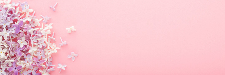 Fresh pink, purple and white lilac blossoms on light table background. Pastel color. Beautiful flower wide banner. Closeup. Empty place for inspirational text, lovely quote or positive sayings. 