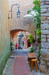 A narrow alley in the picturesque mountain top village of Eze near Monaco in France.