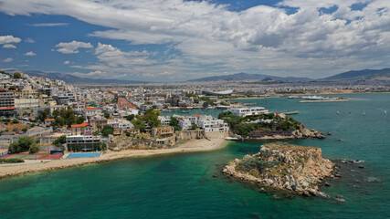 Fototapeta na wymiar Aerial drone ultra wide photo of famous seascape of Marina Zeas, Piraeus, Attica, Greece