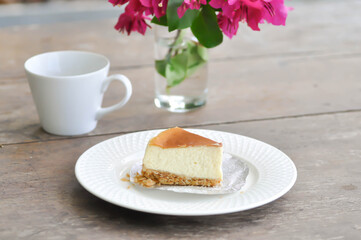 cheese pie or cheese cake and hot drink