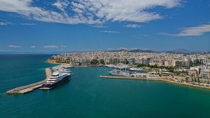 Fototapeta na wymiar Aerial drone ultra wide photo of famous seascape of Marina Zeas, Piraeus, Attica, Greece