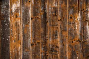 Vertical brown wooden planks with black vignette. Vintage wooden wall brown background.
