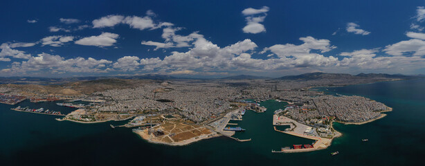 Aerial drone panoramic photo of famous port of Pireus or Piraeus where passenger ferries and...