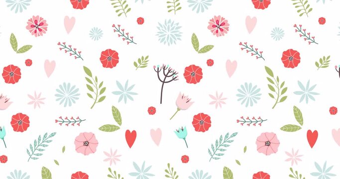 Vector floral pattern in doodle style with flowers and leaves on white background. Gentle, spring floral background. Loop animation 4K