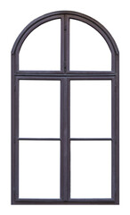 Old brown wooden window with arch on white background