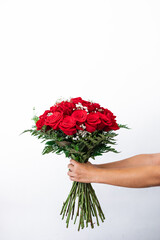 Fototapeta na wymiar Hands holding bouquet of red roses on white background for gift. Gift for lovers and Valentine.