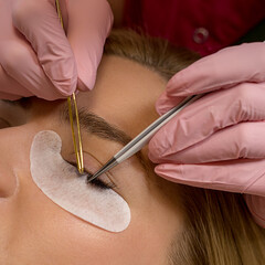 The master builds up large eyelashes to the client. Preparation for beauty photography. Creating an...