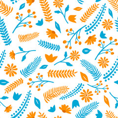 Floral leaves vector pattern. Orange and blue. Botanical background pattern for textile