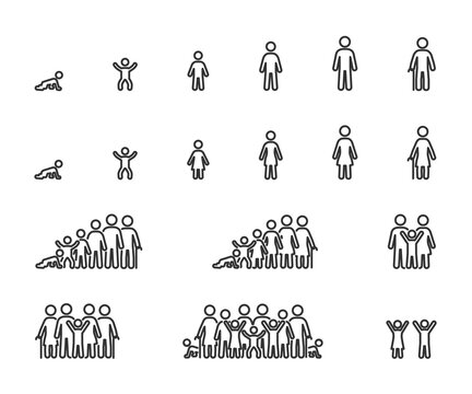 Vector set of life cycle line icons. People of different ages, man and women, family, stages of growing up.