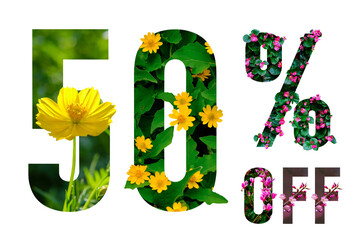 50% off discount promotion sale poster. Summer sale banner with paper cut tropical flowers on