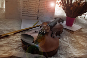 Violin put on background,Lens flare effect,blurry light around