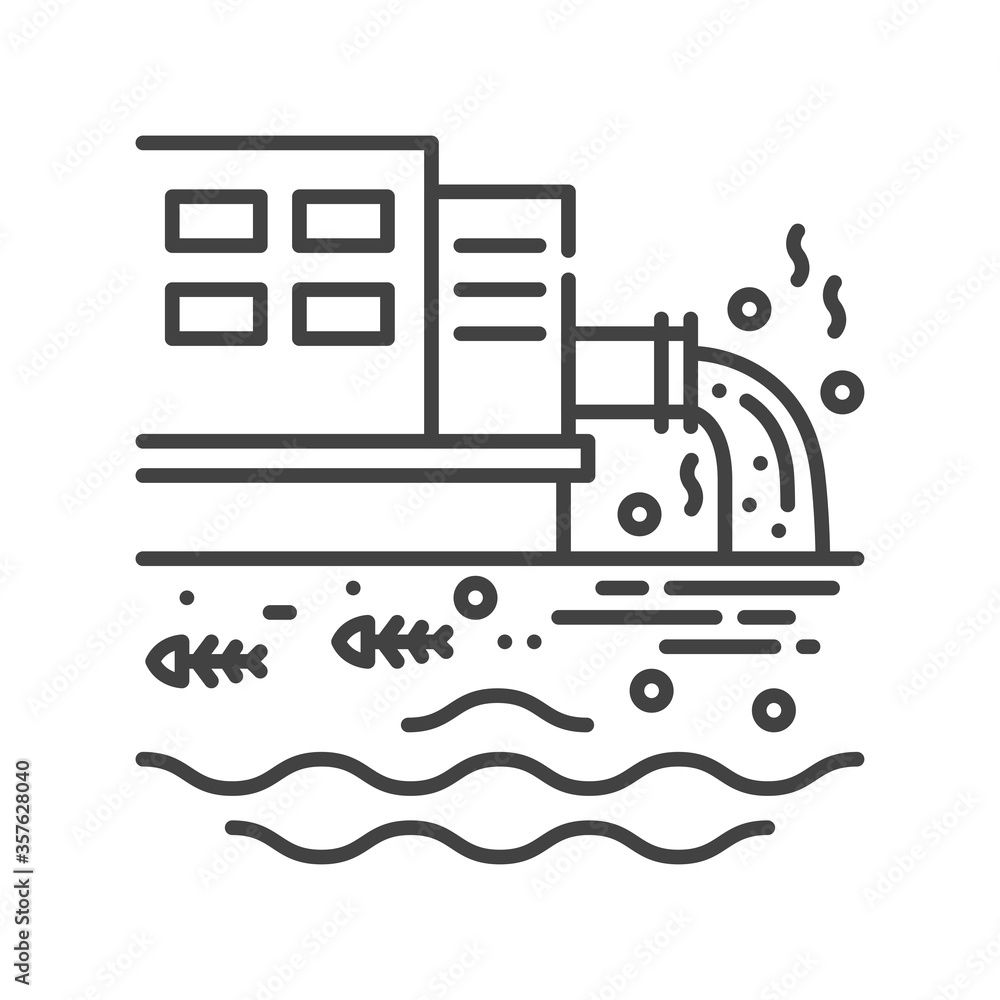 Poster water pollution black line icon. environmental problems. sign for web page, app. ui ux gui design el