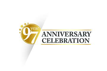97 year Luxury Golden anniversary, minimalist logo.  jubilee, greeting card. Birthday invitation. Gold space vector illustration on white background - Vector