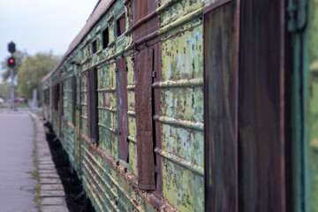 Old soviet train carriages stored in the railway station of Bishkek in Kyrgyzstan